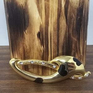 Gold Tone Black Enamel Heart Inlay Brooch With Rhinestones 2-1/4"